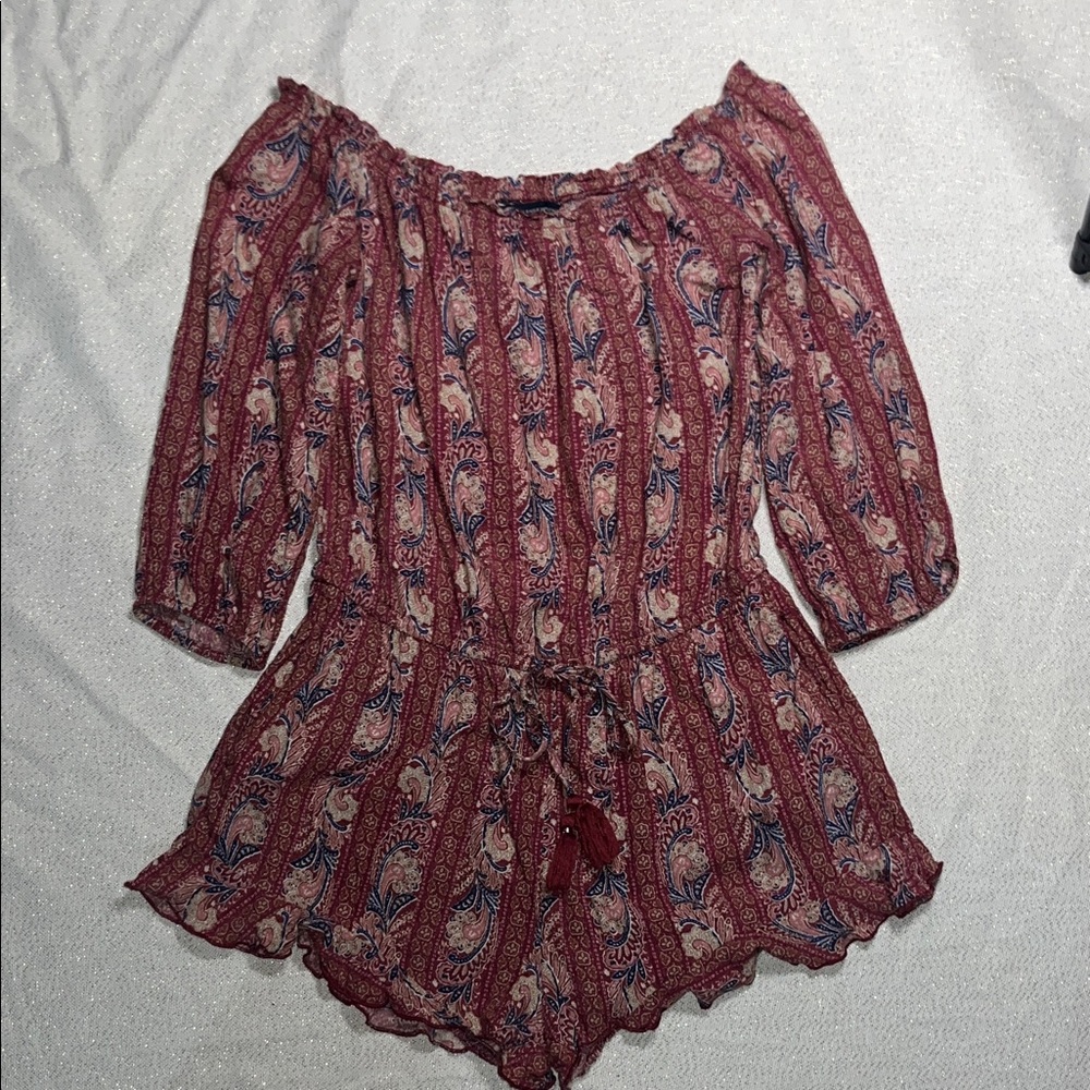 American Eagle Outfitters Paisley Off-Shoulder Jumpsuit - Pink & Blue